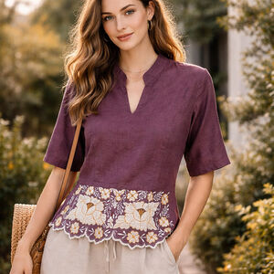 Vintage Inspired Embroidered Linen Blend Blouse Cottagecore Boho Dark Academia M